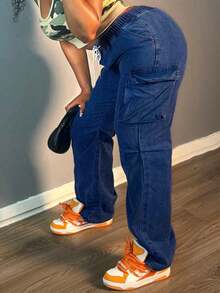 Jeans rectos para mujer: con cordón y múltiples bolsillos, adecuados para todo tipo de ocasiones diarias - Azul lavado oscuro - Ver 2