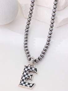 1pc Western Country Style Vintage Textured CCB Multicolor Leopard Print Black & White Plaid 26 Letter Minimalist Pendant Necklace, Sweater Chain