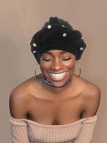 Women African Turban Pre-Tied Twisted Beanie Cap Headwear Soft Stretchy Turbans - 黑色 - 查看 4