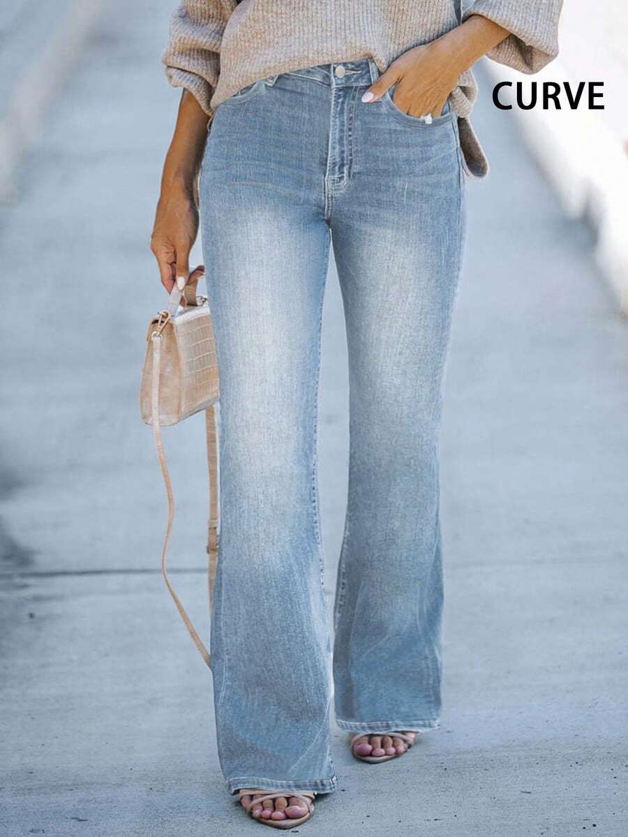 Quần jeans nữ cỡ lớn trơn, có túi, ống loe, đa năng, dễ phối đồ, thích hợp cho mùa xuân. - Rửa nhẹ - Xem 1