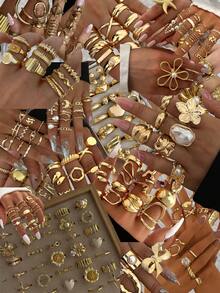 51/34/15/3pcs Vintage, Boho, Minimalist Elegant Retro Design Layered Rings Set, Flower, Bow, Pearl, Twisted, Heart, Rhinestone, Leaf, Moon, Star, Eye, Geometric, Cross, Chunky Rings, Suitable For Holiday, Party, Date, Gift, Daily Wear (Random Delivery)