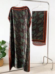 1pc Faux Silk Printed Robe, Shawl & Small Scarf Set, Women Coverup For Beach, Sun Protection, Daily Wear