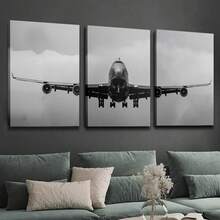 3pcs Large Black & White Airplane Flight Artwork, Unframed Canvas Prints And Posters, Home Decor Wall Art, High Definition Printing, Suitable For Living Room, Bedroom, Dining Room And Office Decoration