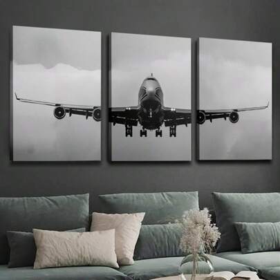3pcs Large Black & White Airplane Flight Artwork, Unframed Canvas Prints And Posters, Home Decor Wall Art, High Definition Printing, Suitable For Living Room, Bedroom, Dining Room And Office Decoration
