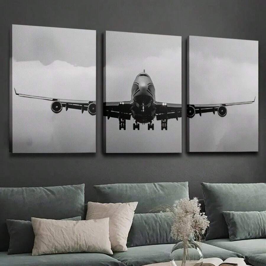 3pcs Large Black & White Airplane Flight Artwork, Unframed Canvas Prints And Posters, Home Decor Wall Art, High Definition Printing, Suitable For Living Room, Bedroom, Dining Room And Office Decoration