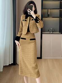 RUIWY 女士卡其色时尚翻领二合一服装厚保暖夹克和中长裙套装修身款春秋季 - 卡其色 - 查看 1