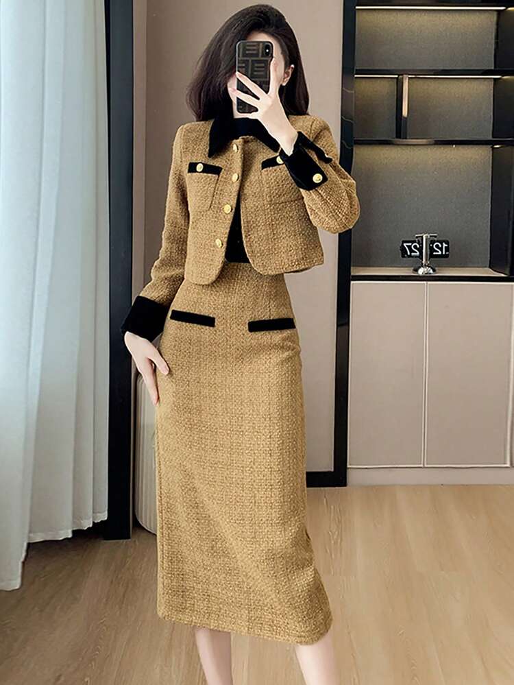 RUIWY 女士卡其色时尚翻领二合一服装厚保暖夹克和中长裙套装修身款春秋季 - 卡其色 - 查看 1