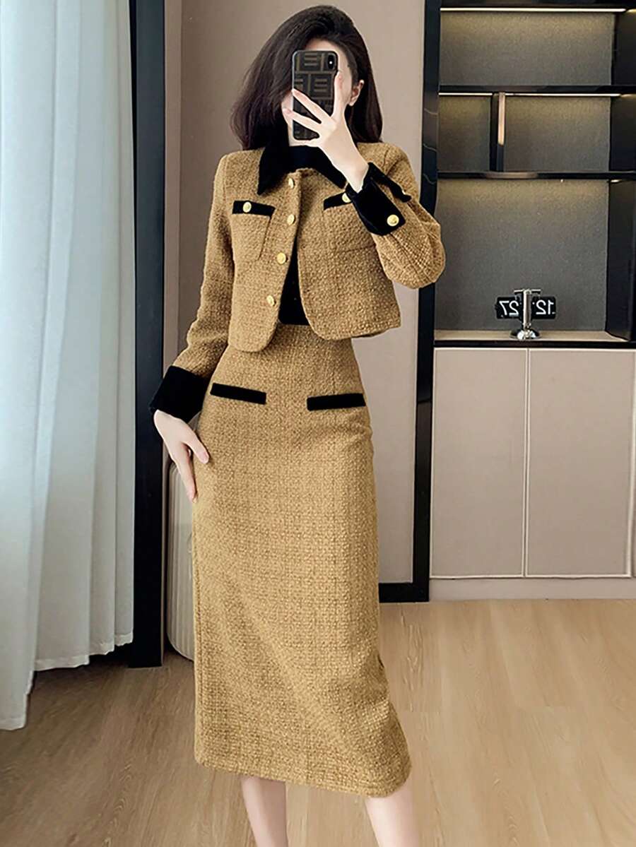 RUIWY 女士卡其色时尚翻领二合一服装厚保暖夹克和中长裙套装修身款春秋季 - 卡其色 - 查看 1