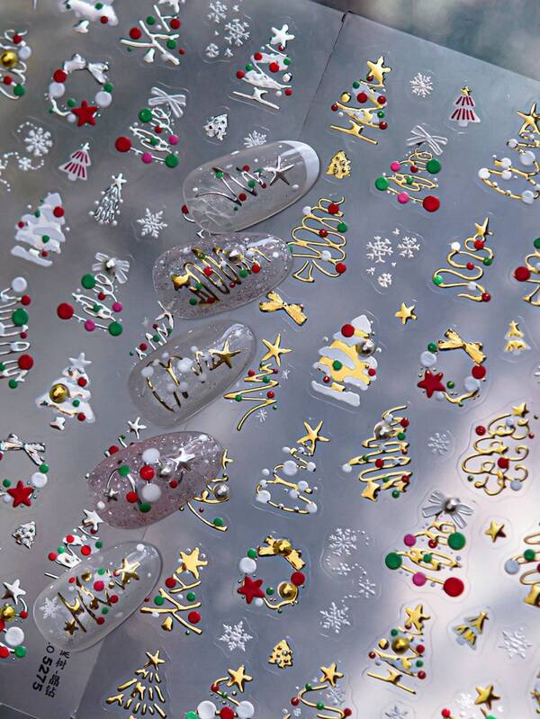 1 pieza Pegatinas de arte de uñas 5D Navidad, pegatinas de arte de uñas 5D con relieve, pegatinas de uñas brillantes doradas con árbol de Navidad, renos, corona y copos de nieve para mujeres y niñas, suministros de manicura DIY para vacaciones de invierno