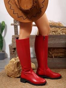 女士平底过膝长靴，V 型开口弹力长靴，方头修身靴，软皮长靴，秋冬新品，派对靴 - 紅色 - 查看 6