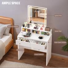 OYAJIA White Modern LED Vanity Table With LED Dimmable Mirror | Large Rectangular Mirror Dressing Table With Soft Lighting, 2 Spacious Drawers & 3 Open Compartments | UK Home Decor, Makeup Organizer, Bedroom Furniture - White - View 5