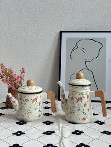 1set 1.2L Vintage Floral Enamel Teapot, Coffee Pot, Handmade Tea Pot, Household Boiling Water Enamel Pot, Tabletop Decor Enamel Pot, Enamel Pot As Gift For Friends And Elders, Kitchen Direct Heating Enamel Pot - Multicolor - View 2
