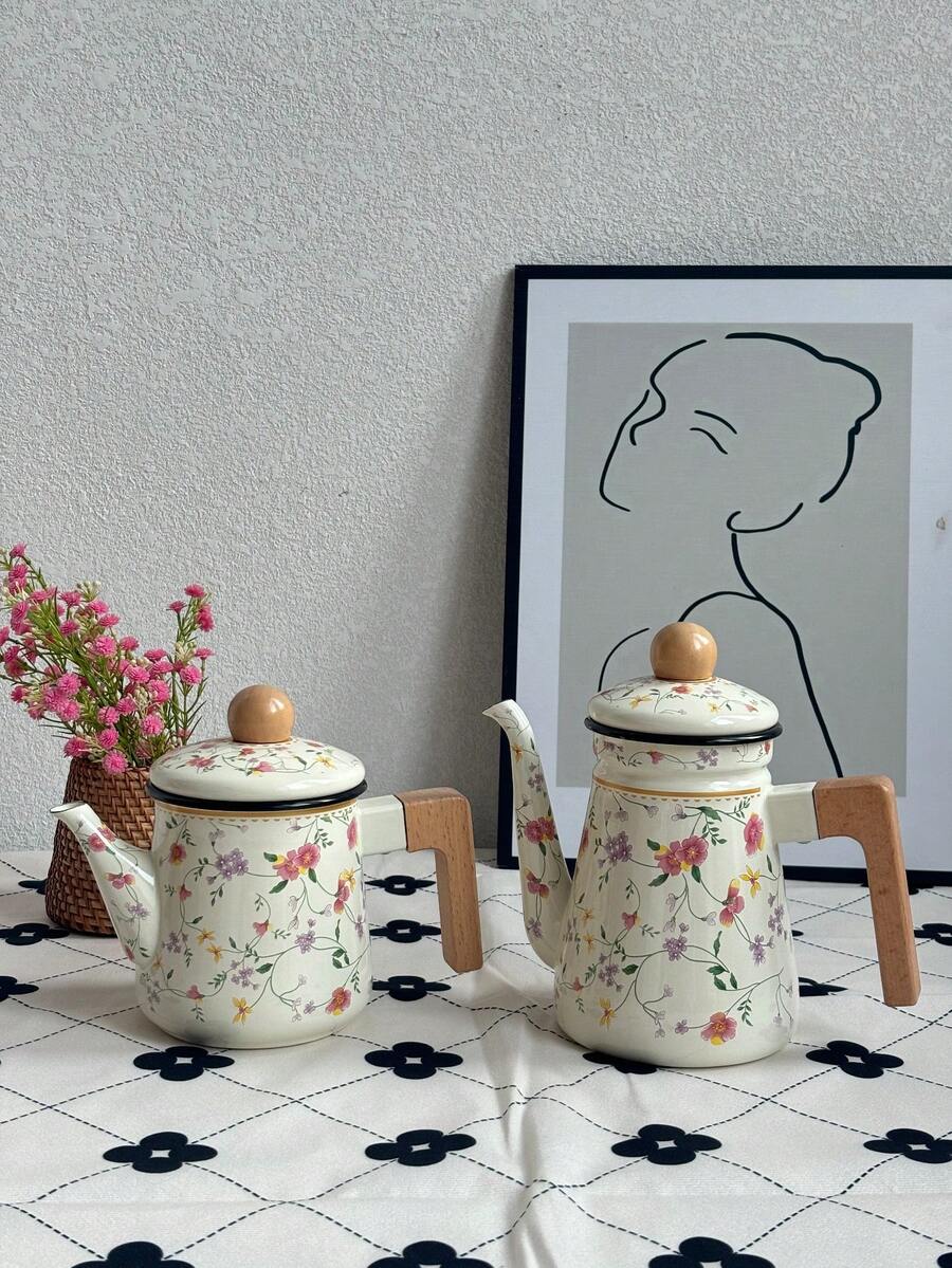 1set 1.2L Vintage Floral Enamel Teapot, Coffee Pot, Handmade Tea Pot, Household Boiling Water Enamel Pot, Tabletop Decor Enamel Pot, Enamel Pot As Gift For Friends And Elders, Kitchen Direct Heating Enamel Pot