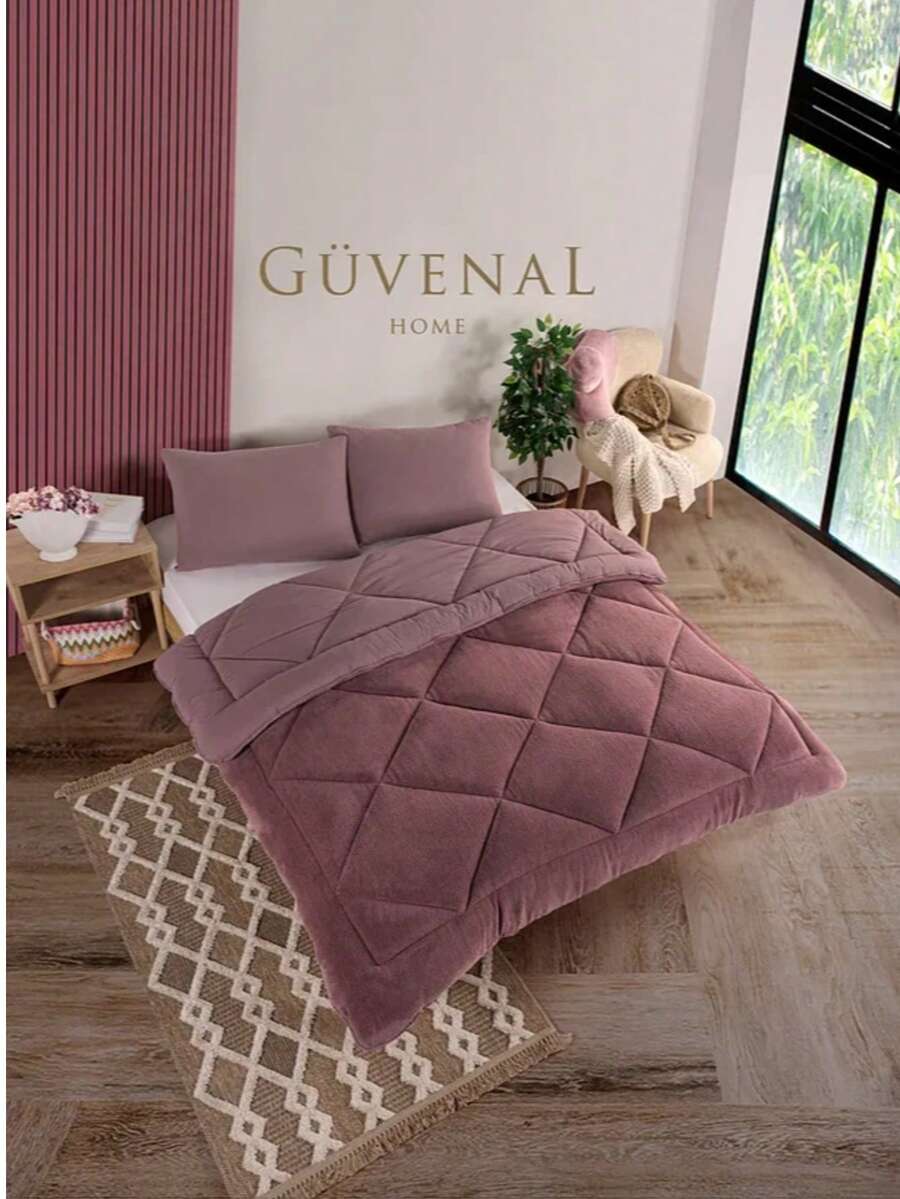 Reversible Double Quilt Set With 2 Pillowcases – Cotton & Wellsoft – 195x215 Cm - Rusty Rose - View 1