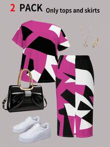大码女式休闲两件套，几何印花 T 恤和迷你裙，夏季 - 玫紅色 - 查看 5