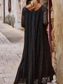 Vestido largo elegante de hombros descubiertos para mujer talla grande - Adecuado para ocasiones formales y casuales, tela de poliéster no elástica lavable a máquina, fluido para fiestas, bodas, uso diario, moda de verano, detalles de encaje, encaje exquisito, vestido de moda, fashionista - Negro - Ver 5