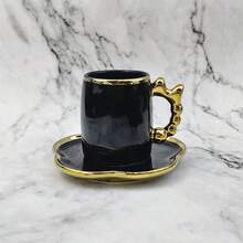 125ml Ceramic Coffee Cup & Saucer Set, Gold Bow Decor, Household Party Gift, Suitable For Drinking Coffee, Tea, Afternoon Tea, Electroplated In Various Colors