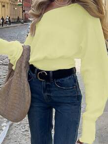 Women's Casual Elegant Solid Color Off-Shoulder Fit Bat Long Sleeve Regular Pullover Knitted Off The Shoulder Jumper Crop Tops Cute Sweater, Spring Summer Fall - Yellow - View 7