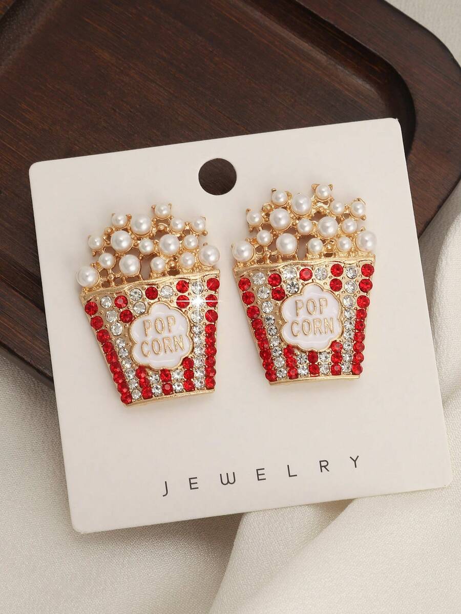 1 Cặp bông tai hình bỏng ngô và kem giả ngọc trai phong cách Âu Mỹ sáng tạo ngộ nghĩnh kèm đá giả (Không kèm thẻ) - Nhiều màu - Xem 1