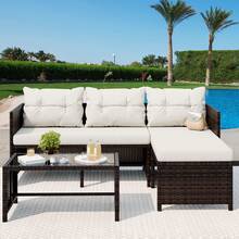 Vongrasig 3 Piece Patio Furniture Sets, All-Weather PE Wicker Outdoor Sofa Couch Sectional Set, Small Conversation Set For Garden/Patio W/Cushion, Glass Table - 白色 - 查看 2