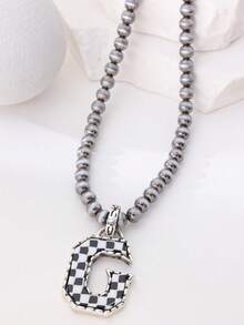 1pc Western Country Style Vintage Textured CCB Multicolor Leopard Print Black & White Plaid 26 Letter Minimalist Pendant Necklace, Sweater Chain