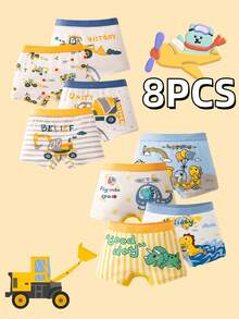 8 طقم سروال داخلي للأولاد بتصميم كرتوني لحيوانات ديناصور وسيارات، قطن ناعم مرن وقابل للتنفس، بتصميم عادي مناسب للأطفال