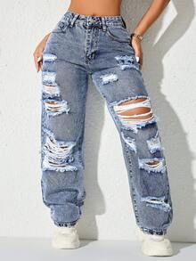Quần jeans ống đứng cạp cao xẻ tà, túi bên hông, phong cách vintage Y2K Rave, thích hợp cho mùa xuân. - Rửa tối - Xem 7
