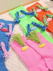 Meias Dopamine Girl Rabo de Porco Boca de Salsicha Meias de Cano Médio Ugly Doll Design de Cor Contrastante Meias para Uso Externo, Meias Bonitas e Divertidas, Meias de Outono