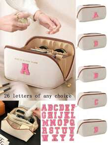 1个PU皮革防水化妆包，字母装饰收纳袋，大容量双层化妆包，多功能女士旅行手提包，洗漱包，化妆品收纳包，浴室收纳包，旅行必备，邮轮必备，旅行配件，浴室收纳包，珠宝收纳包，口红收纳包，指甲油收纳包，复活节礼物，伴娘礼物，化妆包