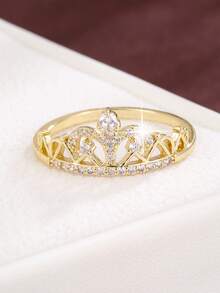 1pc Elegant Crown Shaped Cubic Zirconia Ring For Women - 56306 Gold + White - View 3