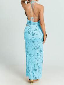 Women Y2k Halter Tops Sequined Beaded Flower Sleeveless Spaghetti Straop Crop Tank Tops Summer Open Back Tops Slim Fit Vest Party Clubwear Beach Vacation Clothes - Màu xanh lam - Xem 6