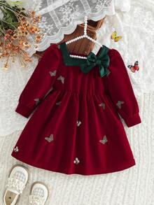 Girls' Sweet Bowknot & Embroidery Decor Long Sleeve Dress, Suitable For Spring/Autumn, Christmas Party, Family Gathering, Outdoor Play, And Daily Wear - 酒紅色 - 查看 1