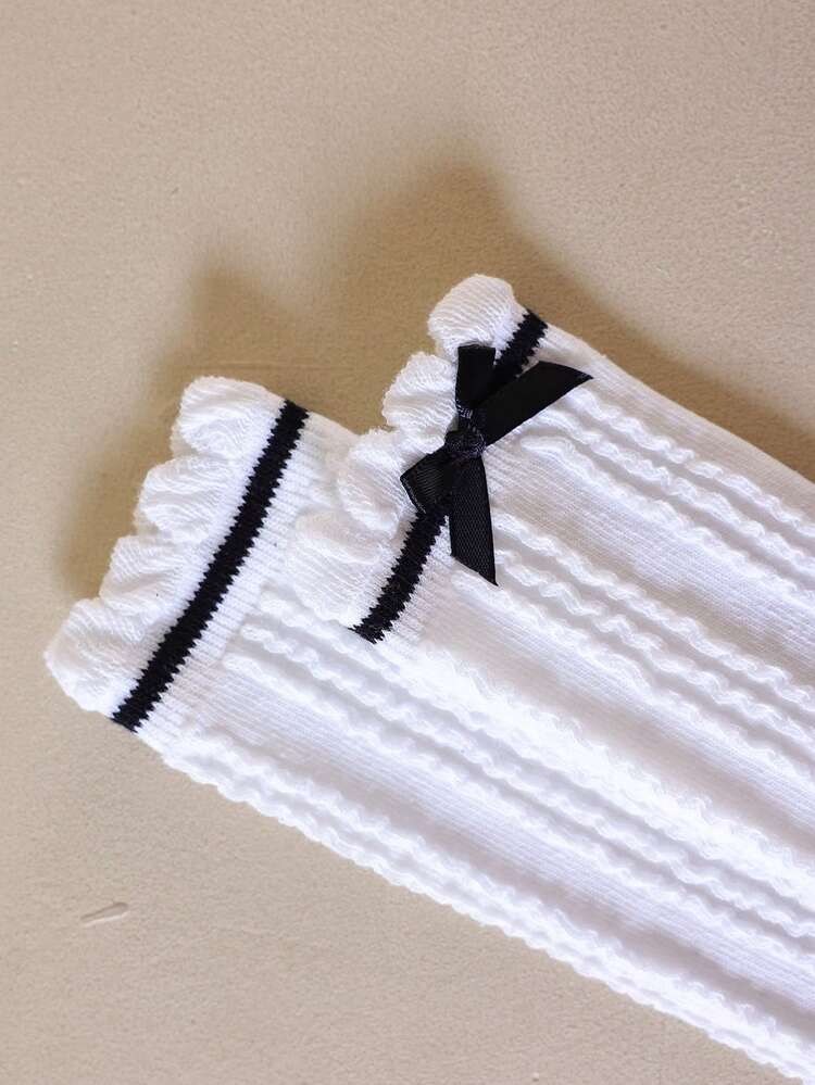 1 Pair Minimalist Autumn/Winter New Solid Color Striped Bow Decor Breathable Crew Socks For Teens & Kids - White - View 3