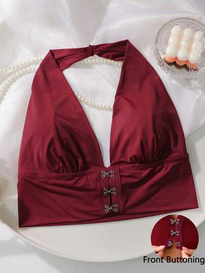 Sujetador sin aros con cierre delantero de cuello halter, sujetador push-up cómodo de una sola pieza para mujer