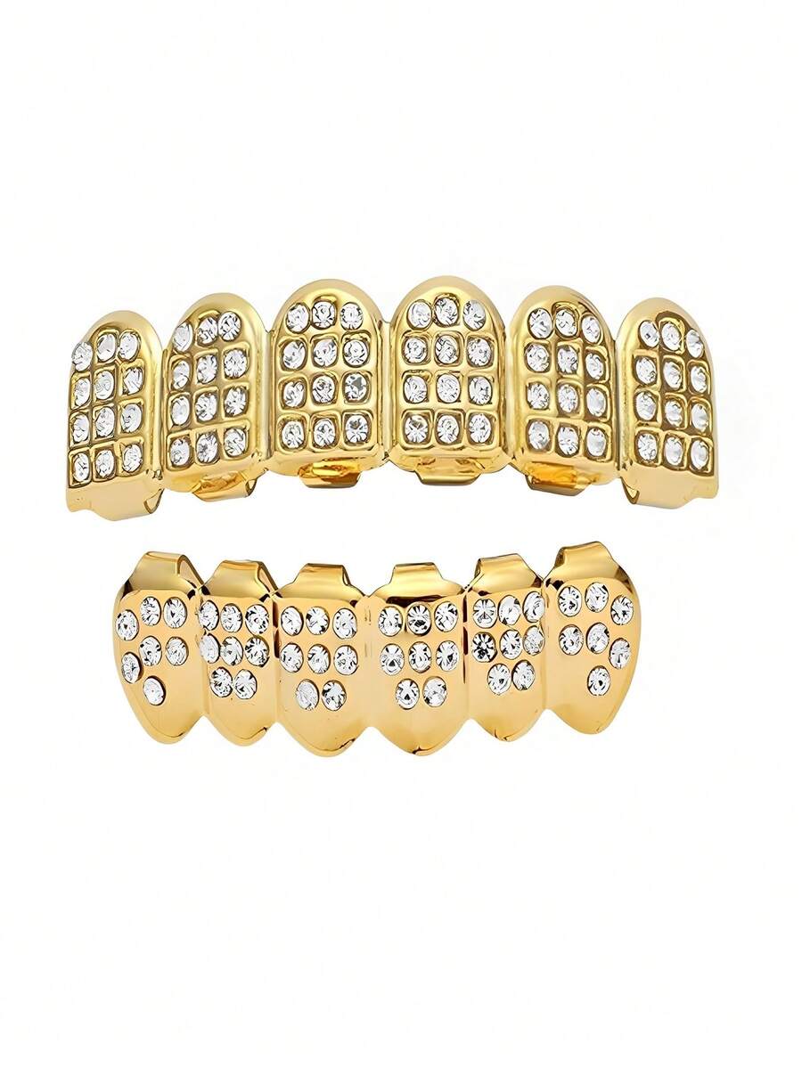 Gold Plated Teeth Grillz Studded With Shiny Zirconia - 金色 - 查看 1