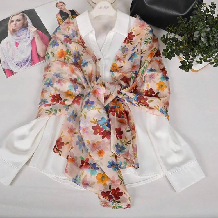 100% Mulberry Silk Scarf For Women Lightweight Long Scarves Beach Wraps Cover Up -Travel Photography Scarfhalloween - .色彩繽紛的花卉粉紅色背景 - 查看 9