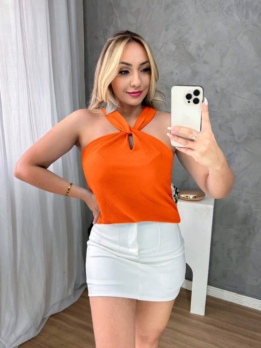 Regata Feminina Gola Nó Elegante e Social Tecido Duna Moda Verão Regatinha Básica