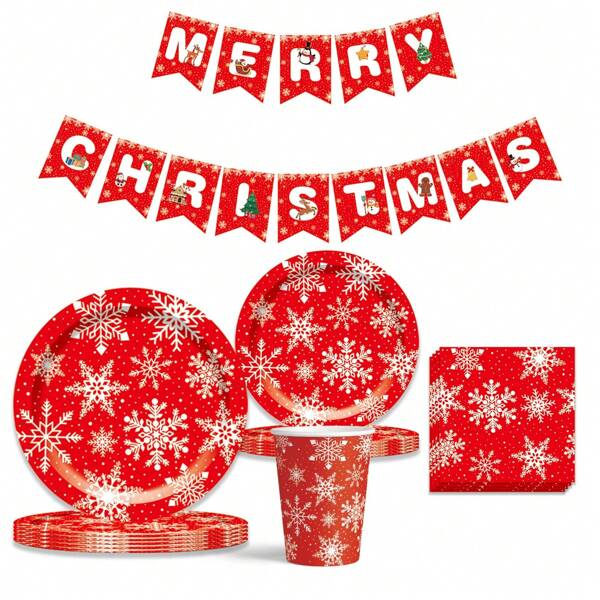 94pcs/Set Red Christmas Snowflake Happy Christmas Theme Party Tableware Set, Includes 9-Inch & 7-Inch Paper Plates, Napkins, Banner, Dessert Plates, Paper Cups