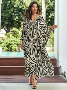 Vestido maxi estampado de cebra en blanco y negro de estilo árabe con cuello en V profundo, mangas de murciélago y corte holgado, ideal para la primavera - Blanco y Negro - Ver 10