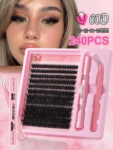 192/216/240 D Curl Large-Capacity False Eyelash Extensions Kit With Eyelash Extensions Adhesive, Tweezers, And Eyelash Brush. Fluffy, Thick, And Soft False Eyelash Extension Set, 60d 80d 100d 10-16mm Mixed-Length Individual Eyelash Clusters. Natural Look Style And Thin False Eyelashes For Daily And Dating, Cosplay, Night Party, Club, Stage, Carnival, Bridal,Wedding Makeup, Fake Eyelashes Gift Set For Women, Girlfriendlash Clusters Kit,Lashes,Eyelashes,Fake Lashes - Pink - View 4