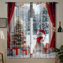 Conjunto de 2 Cortinas de Natal com Árvore de Natal - Bolso para Varão, Impressão Digital, Tecido de Poliéster, Apresentando Cena Natalina Nevosa com Boneco de Neve e Presentes, Decoração Vermelha e Branca Adequada para Sala de Estar, Cozinha, Quarto, Sala de Jantar, Decoração de Natal para Casa (Efeito Estampado, Sem Painéis de Cortina) Decorações de Natal Decoração de Casa Decoração de Quarto - Multicolorido - Ver 16