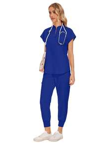Wholesale Fashion Dental Clinic Uniform Set, Solid Color Surgical Gown V-Neck Pocket Women's Surgical Gown Set With Sweatpants - Royal Blue - View 5
