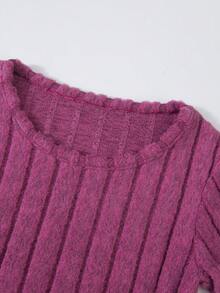 2 piezas Conjunto de sudadera y pantalones de unicolor acanalado informal para niñas, diseño lindo con lazo, suave y dulce, para otoño/invierno