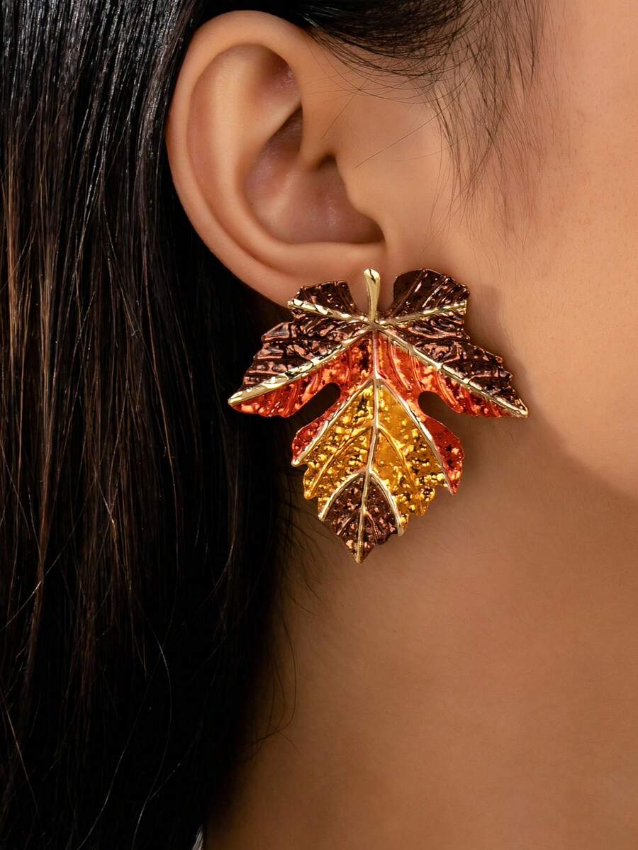 2pcs/Set Autumn Maple Leaf Enamel Painted Earrings (For Women)