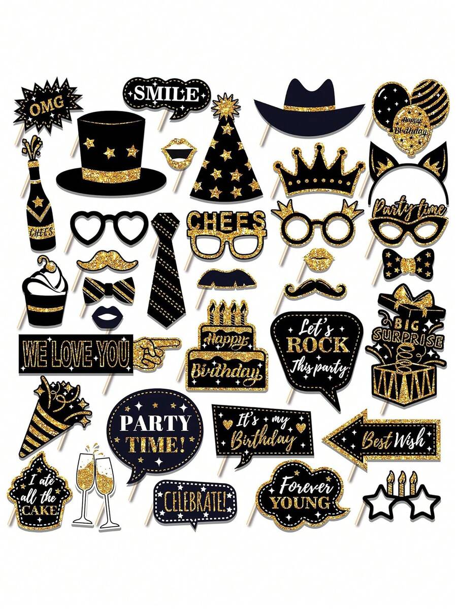 36 PCS Birthday Photo Booth Props Party Supplies Holiday Picture Decorations Photo Booth Props For Birthday Party Favors Pose Sign Kit Fun For Party (Silver And Black /Gold And Black) - Multicolor - View 1