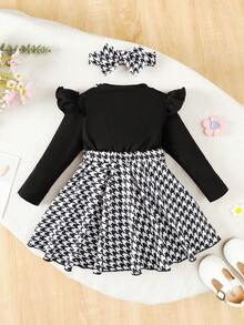 女婴法式优雅套装（2件套）：黑白千鸟格连衣裙+黑色荷叶边袖上衣+发带，0-5岁针织条纹连衣裙，日常穿着及拍照服装，2025春秋新款 - 黑色 - 查看 3
