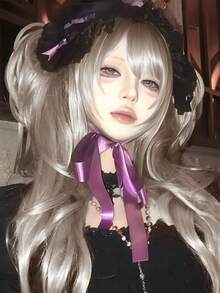 合成长卷发波浪洛丽塔假发带刘海双马尾女孩可爱金发角色扮演适合女性派对和万圣节 - 彩色 - 查看 3