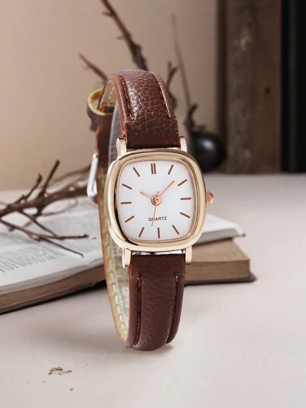 1pc Women's Brown PU Leather Strap Fashion Bar Scale Dial Casual Simple Style Quartz Watch, Suitable For Daily Wear