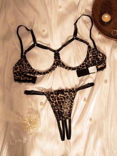 Leopard Print Kanten Patchwork Mesh Crotchless Panties Women Verleidelijke Lingerie Set view 2