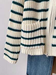 Women's Solid Color Casual Loose Cardigan, Black And White Striped Zipper Design, Suitable For School, Gothic Style, Date Night, Basic Long Sleeve Top For Women, Suitable For Daily Commute, Spring Break, Vacation, Concert, Boho Style, Music Festival, Holidays, Christmas, Halloween, Thanksgiving And Chinese New Year - Multicolor - View 8